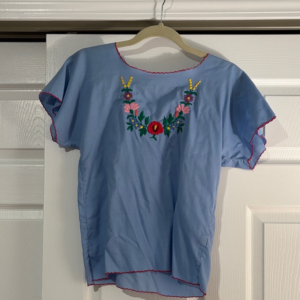 Vintage Boho Embroidered Blue Women's Top